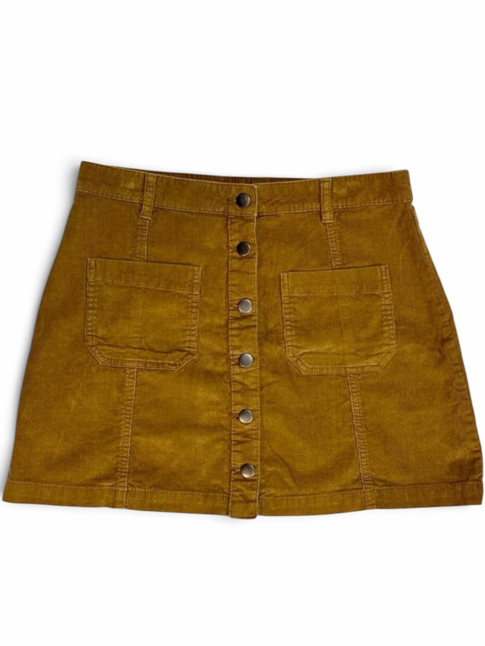 Camel Corduroy A-Line Mini Skirt 70s Style Button Front 10